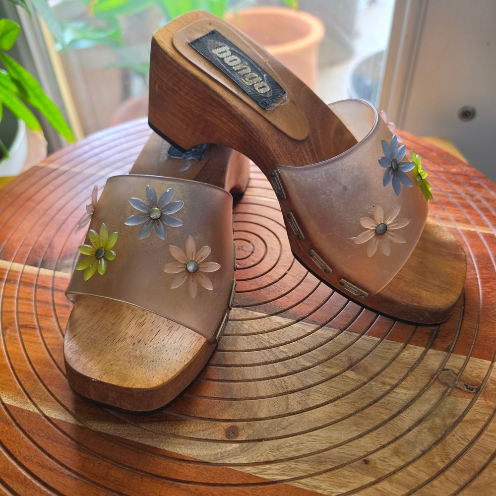Bongo Vintage 90s Floral Jelly Wood Platform Sandals Slides Made in Brazil US 5